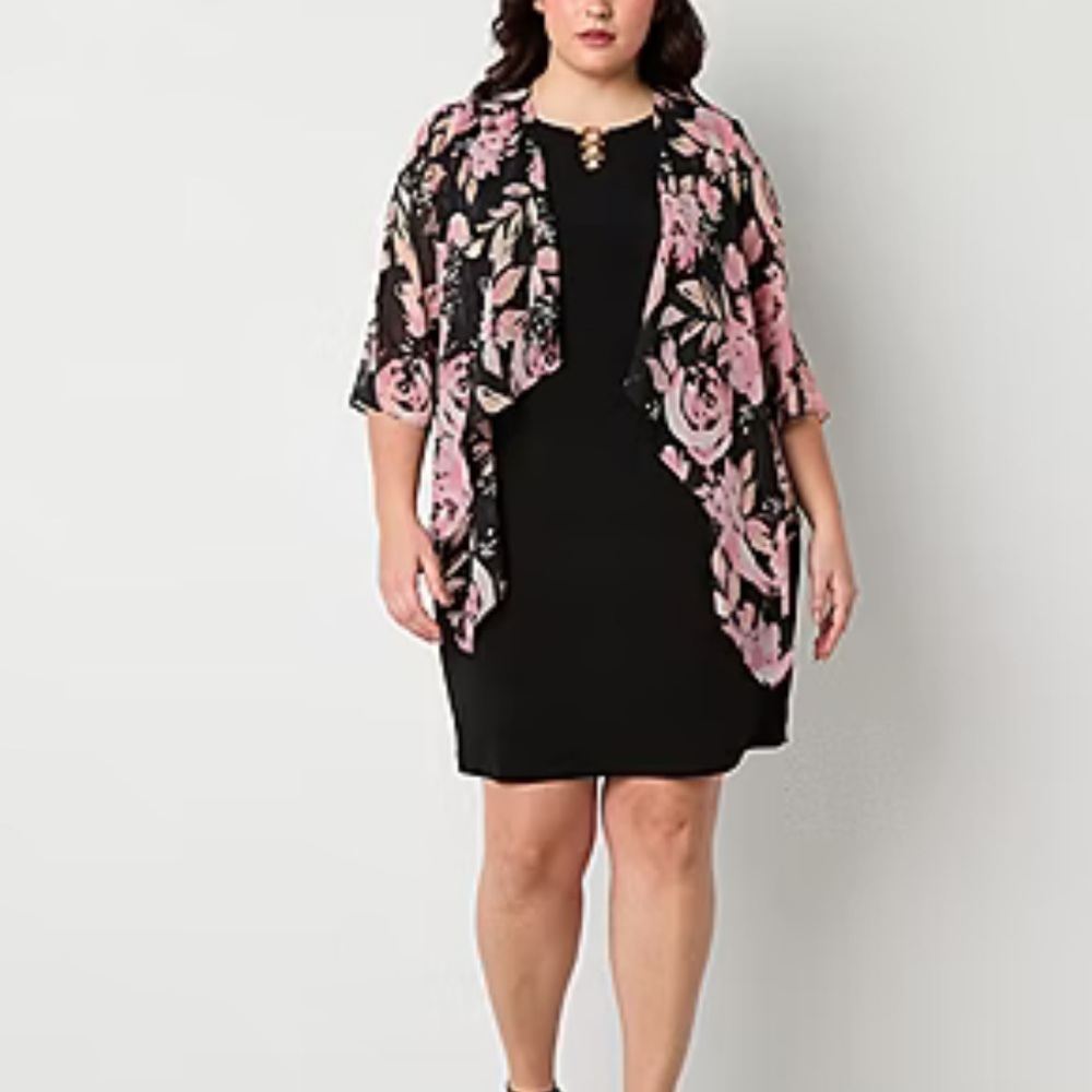 R&K Black Sleeveless Dress with Attached Floral Faux Jacket and Gold Accents